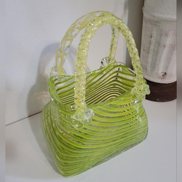 Vintage Lime Green Yellow Striped Swirls Art Glass Purse - Picture 2 of 9